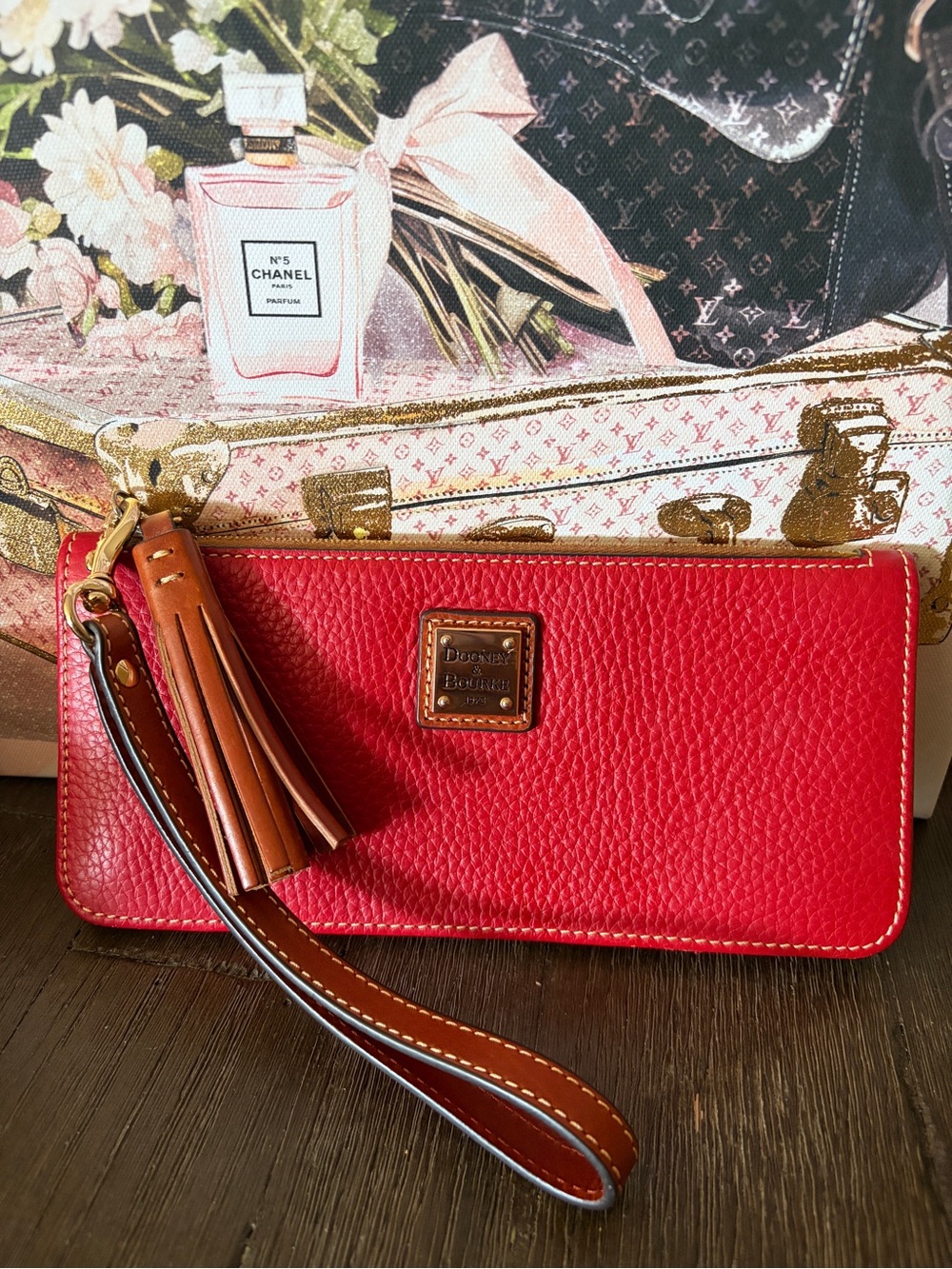 Dooney & Bourke NWT Red Pebbled Leather Wristlet with Brown Tassel